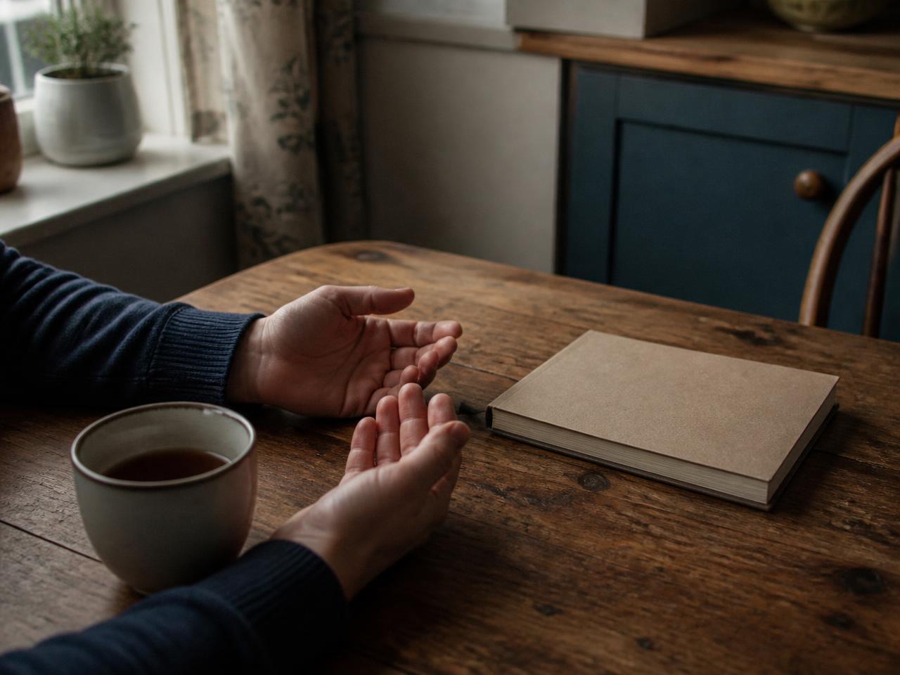 Open hands resting on a wooden table beside a notebook in quiet morning light